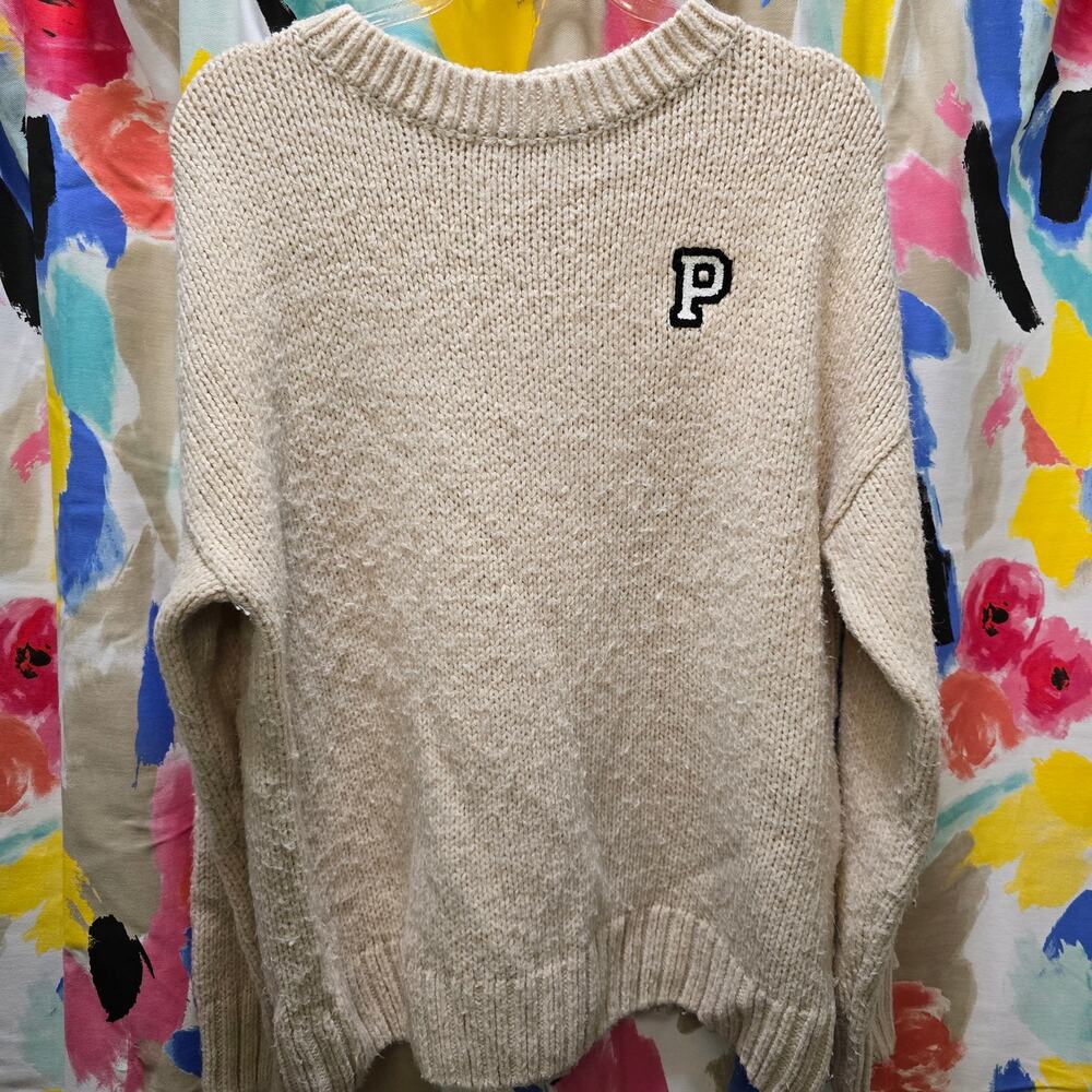 Victoria's Secret PINK cream‎ chunky knit long sleep crewneck sweater large